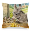Easter linen pillow cover with cute rabbit, donkey and chick in rustic farm landscape - Country Ranch Donkey Rabbit Chick Illustration (4) / 45x45cm