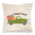 Linen Easter pillow cover with green truck carrying colorful eggs and Happy Easter text - Wood Grain Background Green Truck Style (5)
