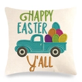 Linen Happy Easter pillowcase featuring a green pickup truck and colorful eggs - Embroidery Style Happy Easter Y'all Style (6)