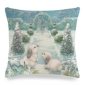 Linen Easter pillowcase featuring winter rabbits in a snowy garden scenery - Winter Snow Scene White Rabbit Garden Illustration (5) / 45x45cm