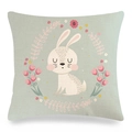 Detail of linen pillowcase with white bunny and pink tulip wreath on teal background - 45x45cm / Smiling Rabbit with Eyes Closed (Style-8)