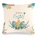 Housse de coussin en lin de Pâques avec œufs colorés et imprimé Happy Easter - 45x45 cm / Œufs Floraux Turquoise (Style-6)