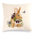 Easter hand-painted rabbit linen pillowcase with blue butterflies and floral wreath - Rabbit with Purple Wreath (8)