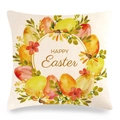 Federa per cuscino in lino con ghirlanda di uova di Pasqua e scritta Happy Easter - Motivo Corona di Uova Dipinta a Mano(11)