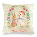 Easter linen pillow cover with cute bunny, duck, and flowers for festive home decor - Brown Rabbit And Mushroom Hat Duck Floral Wreath (7) / 45x45cm