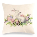 Federa pasquale in lino con coniglietti grigi, uova floreali e scritta Happy Easter - Motivo Due Conigli Grigi ad Acquerello con Fiori e Uova(19)