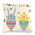 Linen Happy Easter pillowcase featuring a cute blue bunny and chick on beige fabric - Light Blue Long-eared Rabbit And Yellow Chick Greeting (9) / 45x45cm