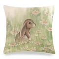 Detail of linen pillowcase texture featuring watercolor Easter bunny and daisy design - 18x18 Inch / Watercolor Brown Lop-eared Rabbit with Daisies (1) / Off White