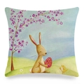 Detail of Easter linen pillowcase featuring a rabbit, eggs, and floral hand-drawn illustration - Easter Chick & Rabbit (6 Styles)
