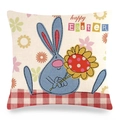 Easter pillow cover featuring a cartoon blue rabbit and flowers on linen fabric - Blue Rabbit Sunflower (Style 9)