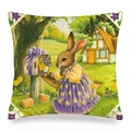 Osterhasen Kissenhülle aus Leinen mit Kaninchen und Gartenmotiv auf weißem Hintergrund - Lila Kleid Kaninchen und Briefkasten Stil (款式~4)