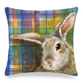 Detail of artistic Easter rabbit print on textured linen pillow cover with plaid background - Rabbit on Tartan Background (Style 9)