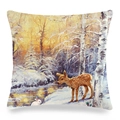 Easter rabbit and deer oil painting style linen throw pillow cover with winter forest - Winter Snow Forest Fawn And White Rabbit Illustration (10) / 45x45cm
