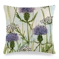 Detailaufnahme der Leinenstruktur des Kissenbezugs mit lila Hortensien und Blumendesign - 45x45 cm / Lila Distel und weißes Blumenmuster (Stil 20)