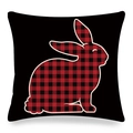 Easter rabbit silhouette pillow cover with red buffalo plaid pattern on black linen base - 45x45cm / Red & Black Plaid Rabbit Silhouette (Style-10)