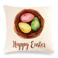 Housse de coussin en lin pour Pâques avec nid d'œufs colorés et texte Happy Easter - 45x45 cm / Nid avec Trois Œufs Colorés (Style-11)