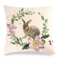 Easter bunny linen pillowcase with watercolor rabbit and pink floral wreath pattern - 45x45cm / Realistic Rabbit & Rose (Style-12)