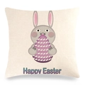 Linen Happy Easter pillowcase featuring a grey bunny holding a purple Easter egg - 45x45cm / Cartoon Bunny Happy Easter (Style-14)