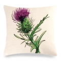 Leinen-Kissenbezug mit lila Distel-Aquarellmuster auf beigem Stoff, quadratische Form - 45x45 cm / Aquarell-Stil Große Distel (Stil 5)