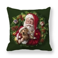 Nordic Christmas pillow case featuring Santa with dog and cat in a winter wreath - Dark Green Santa Holding Puppy and Cat (tpr-15)