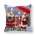 Nordic Christmas linen pillowcase featuring Santa Claus and reindeer on white background - Santa with Red Umbrella Snowy Night Illustration (tpr-16)