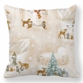 Nordic Christmas pillow cover with linen texture and hand-drawn winter forest scene - Nordic Winter Forest Animals Warm Beige Illustration (tpr-36)