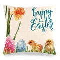 Taie d'oreiller en lin de Pâques avec fleurs aquarelles, œufs et texte Happy Easter - 45x45 cm / Poussin et Œufs Floraux (Style-15)