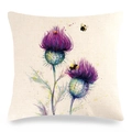 Leinen Kissenhülle mit Aquarell Distelblüten und Biene Motiv in lila - 45x45 cm / Lila Distel und Biene (Stil 6)