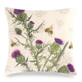 Beigefarbener Leinenkissenbezug mit lila Distelblüten und Hummel-Druckmuster - 45x45 cm / Distel und Biene Illustrationsstil (Stil 7)