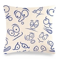 Detailed view of linen cushion cover showing navy blue cartoon face patterns and texture - Blue Fun Expressions