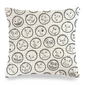 Detailed view of square linen pillow cover with cartoon face doodles and blue plaid patterns - Checkered Face Expressions