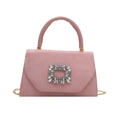 Pink suede crossbody bag with square rhinestone buckle and golden chain strap - Pink