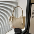 Minimalist cream white lychee pattern bucket bag with double handles and gold hardware - White