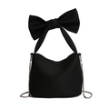 Minimalist black crossbody bag with oversized bow handle and silver chain strap - Black