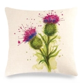 Kissenbezug aus Leinenmischung mit künstlerischem Aquarell-Distelblumen-Druck - 45x45 cm / Doppeldistel Aquarell-Stil (Stil 8)