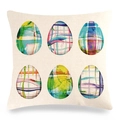 Housse de coussin de Pâques en lin avec six motifs d'œufs colorés en aquarelle sur lin - 45x45 cm / Œufs Aquarelle à Carreaux (Style-18)