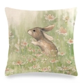 Linen Easter pillow cover featuring a watercolor rabbit and flowers illustration - 45x45cm / Watercolor Bunny & Flowers (Style-19)