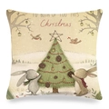 Linen Christmas pillowcase featuring two rabbits decorating a tree with festive text - Christmas Rabbit for Two (Style 15)