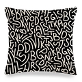 Nordic linen square throw pillow featuring artistic black and white letter print pattern - Disordered English Letters Style (1)