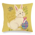 Easter bunny pillow cover with yellow background and cartoon rabbit holding a blue egg - Bright Yellow Hello Easter (Style 19)
