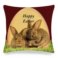 Dark red Happy Easter linen pillow case featuring two rabbits in a beige egg frame - Happy Easter Red Background (Style 18)