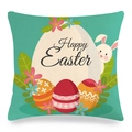 Detail of teal linen Easter cushion cover with Happy Easter text and bunny illustration - Cyan Egg Rabbit Style (款式~8)