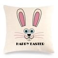 Detail showing high-quality linen texture and Happy Easter bunny print on pillowcase - Beige Cute Rabbit Face Style (款式~9)