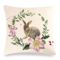 Easter rabbit pillow cover with watercolor flower wreath on beige linen texture - Butterfly and Wreath Rabbit (Style 20)