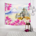 Tapiz japonés con el Monte Fuji y flores de cerezo en una pared de ladrillo blanco - 100x70cm (Piel de melocotón) / Japanese Castle Watercolor (3)
