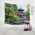 Detail of Japanese Zen garden tapestry showing a scenic pavilion and red maple trees - Japanese Zen Garden (6)
