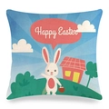 Easter linen pillowcase with bunny carrying eggs basket and Happy Easter text - White Rabbit with Basket Style (款式~12)