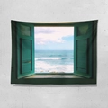 Vista dettagliata dell'arazzo con vista mare su una moderna parete grigia - 100x70(Pelle di Pesca) / Vista Mare dalla Finestra (2)
