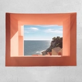 Dettaglio arazzo con vista mare mediterranea e architettura arancione su parete - 100x70(Pelle di Pesca) / Vista Mare Mediterraneo (8)