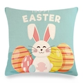 Easter bunny and colorful eggs printed on linen pillowcase with Happy Easter text - Light Blue Green Cartoon Rabbit Style (款式~17)